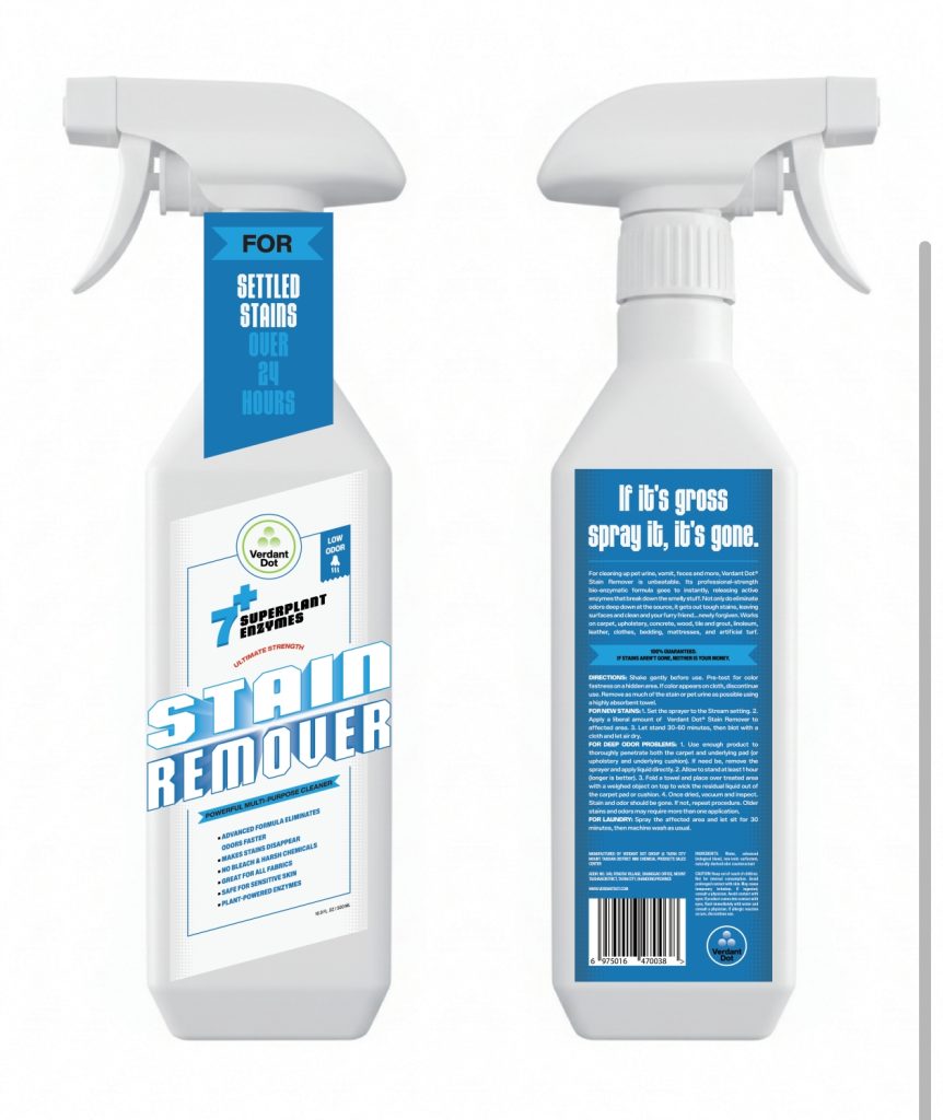 STAIN REMOVER blue-label spray bottle shown from the front and back.